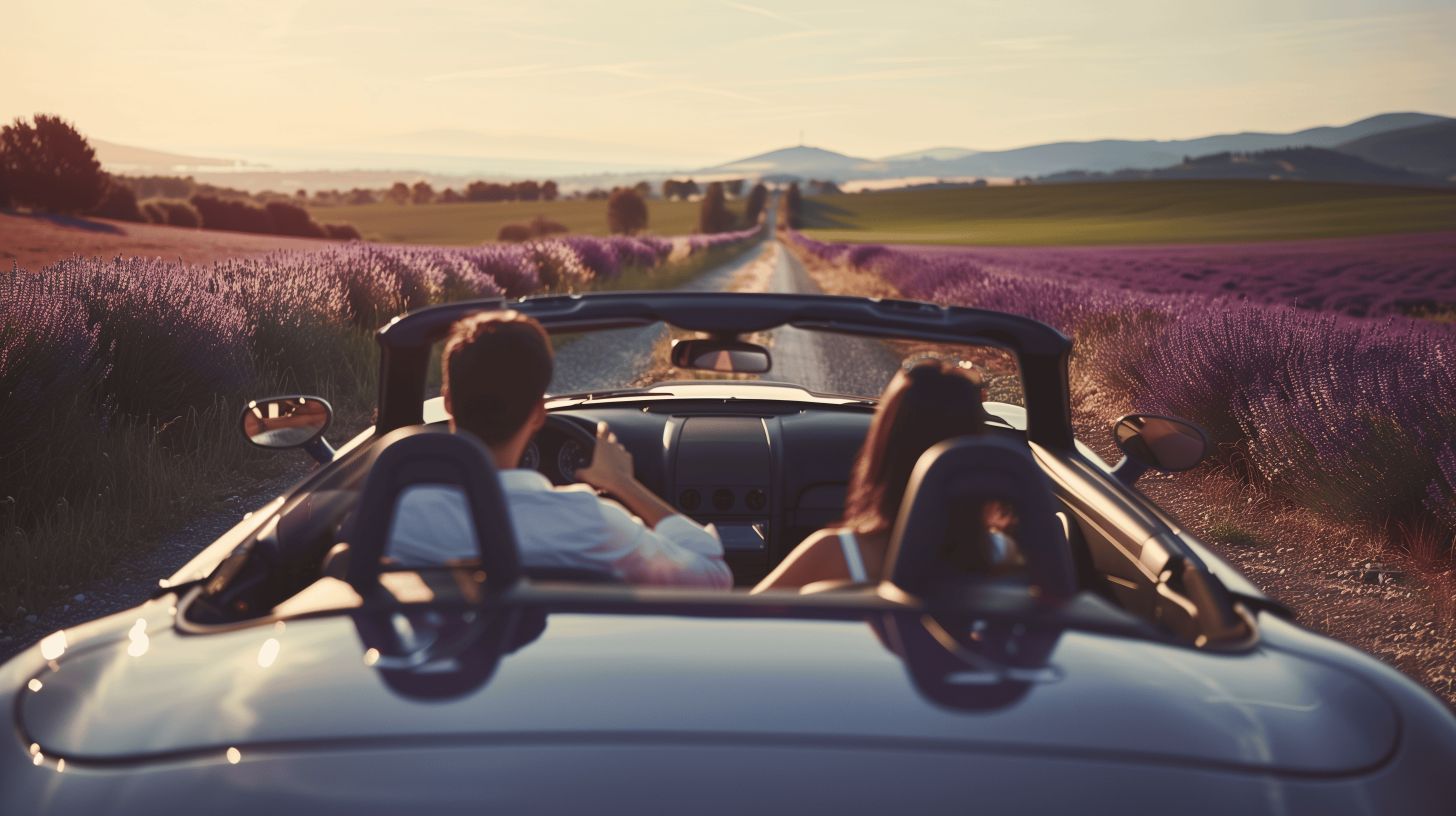 A couple driving in a cabriolet in a french countryside